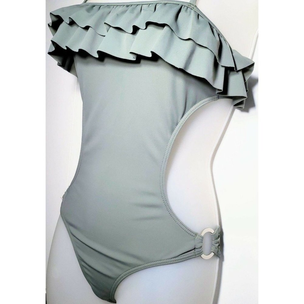 Seafolly Australia Swimsuit Size US 6 / AU 10 Grey Green Cutout Ruffle One Piece - Picture 2 of 11